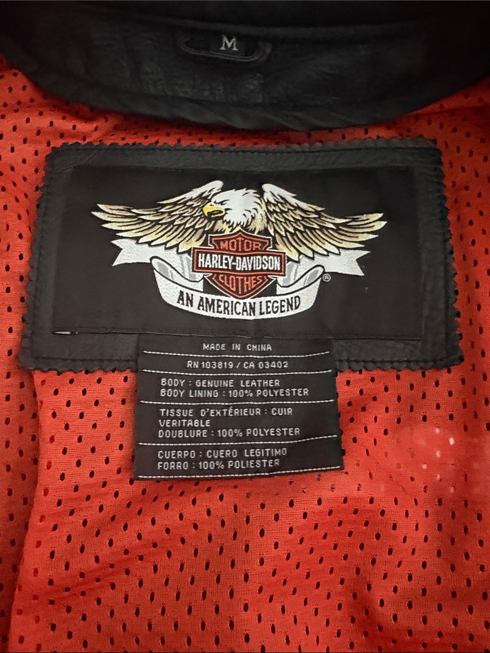 Harley-Davidson Black Leather Bomber Jacket with Orange Mesh Lining - Picture 3 of 4